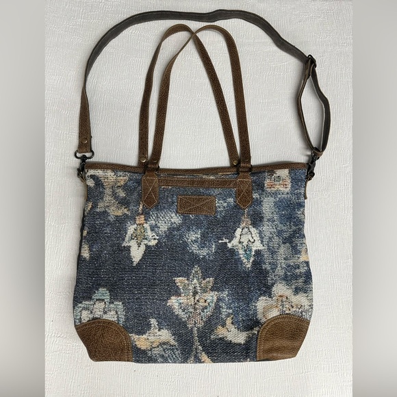 Myra Bag Blue and Brown Floral Shoulder Bag - Picture 1 of 11